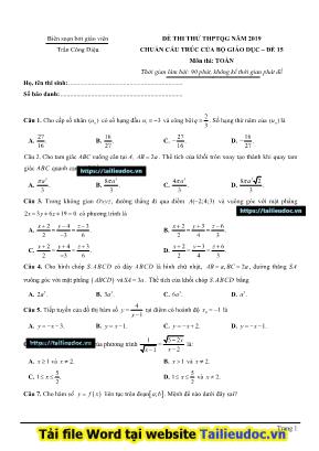 Đề thi thử THPT Quốc gia môn Toán năm 2019 - Đề số 15 - Trần Công Diệu (Có đáp án)